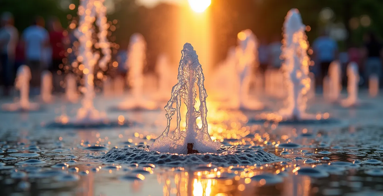 Jets d'eau illuminés de la Place des Festivals avec des festivaliers se rafraîchissant