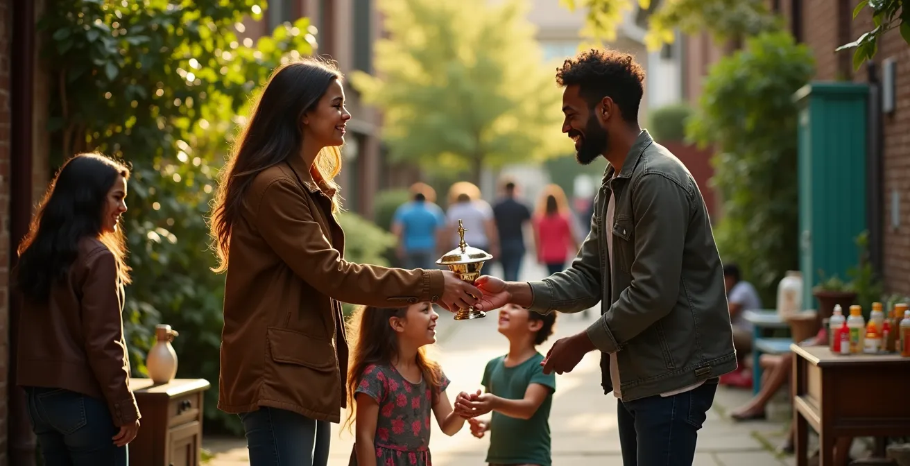 Groupe de voisins échangeant des objets dans une ruelle verte de Montréal