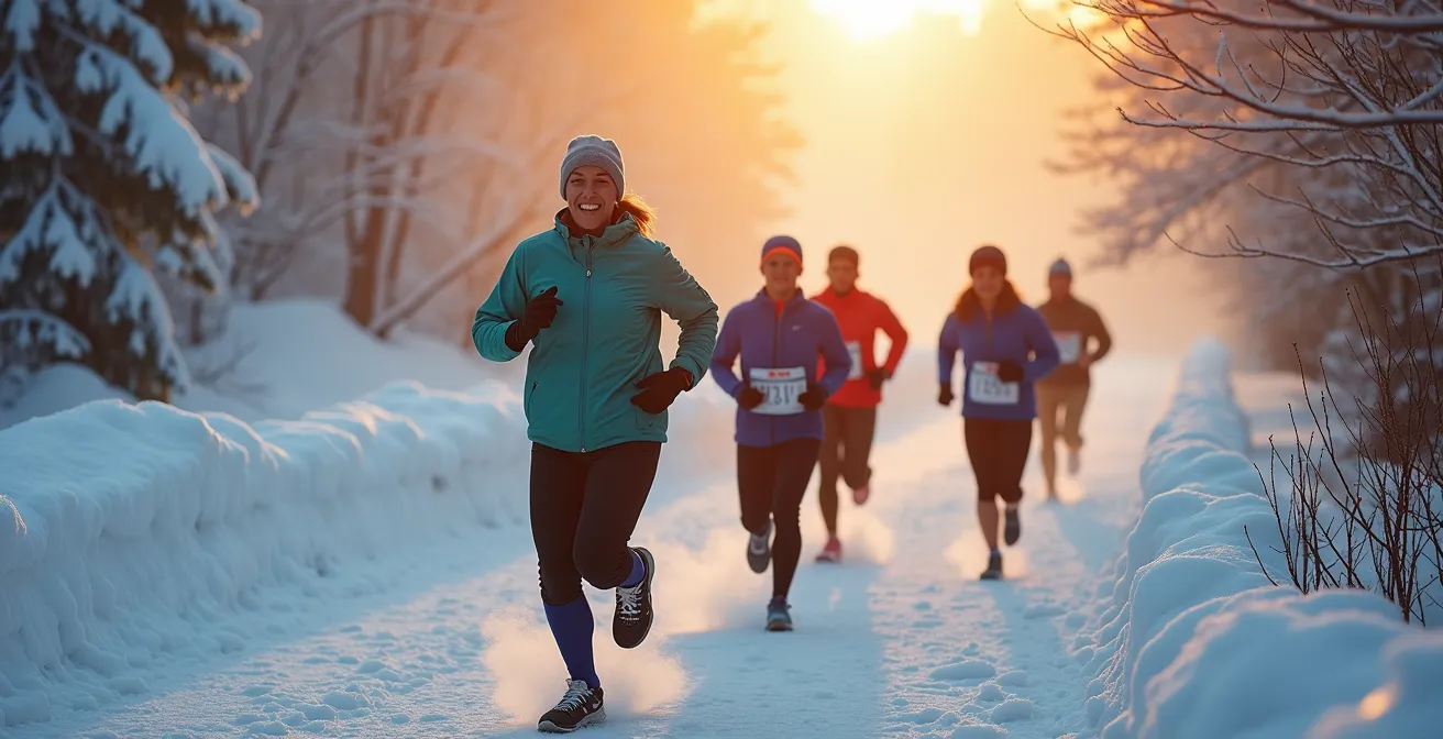 Groupe de coureurs gravissant les escaliers du Mont-Royal au lever du soleil hivernal