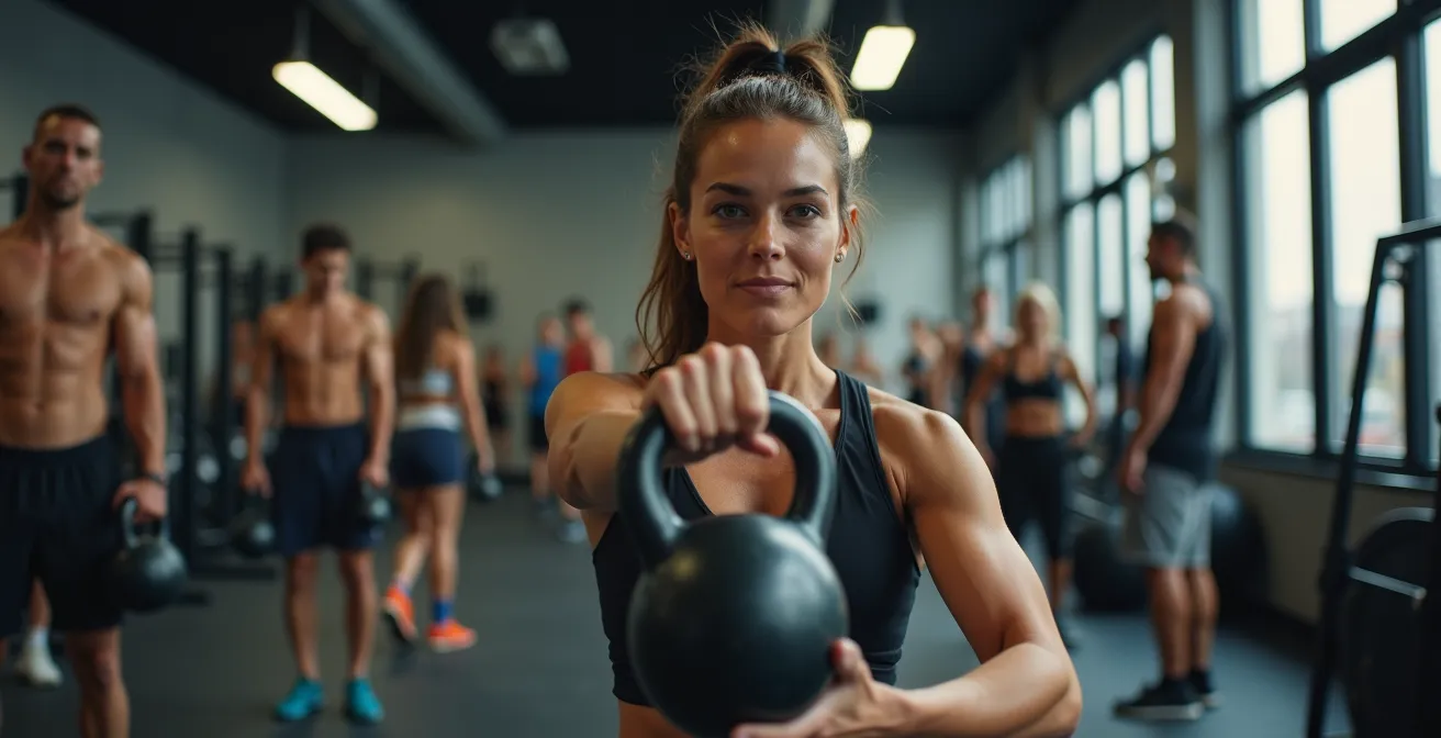 Entraînement organisé dans un gym bondé avec utilisation alternative d'équipements