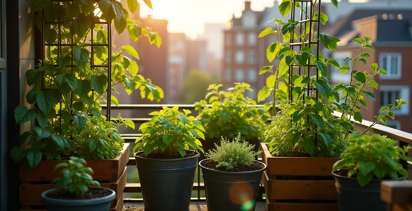 Jardin potager luxuriant sur un balcon montréalais avec plantations verticales et bacs surélevés