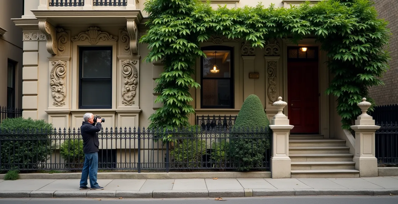 Promeneur admirant discrètement l'architecture depuis le trottoir public