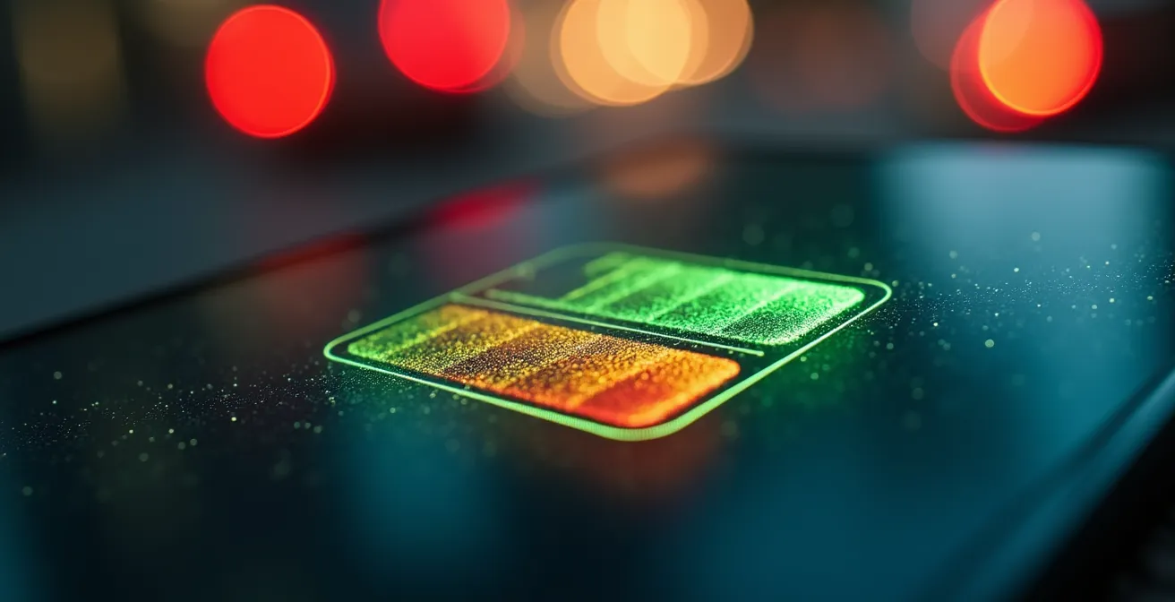 Téléphone portable montrant 50% de batterie avec icônes de transport en arrière-plan