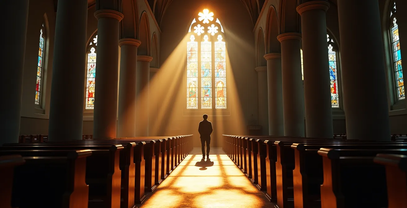 Intérieur d'église montréalaise baigné de lumière colorée filtrant à travers les vitraux historiques