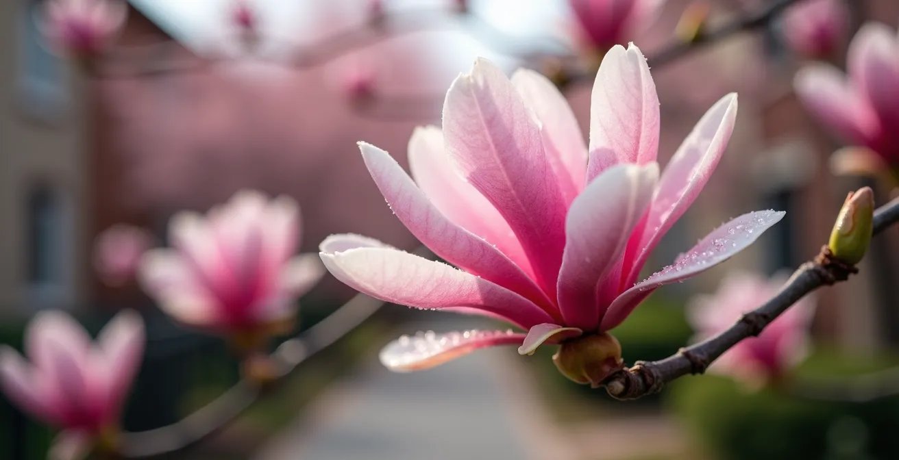 Magnolias en pleine floraison dans une rue courbe de la Cité-Jardin