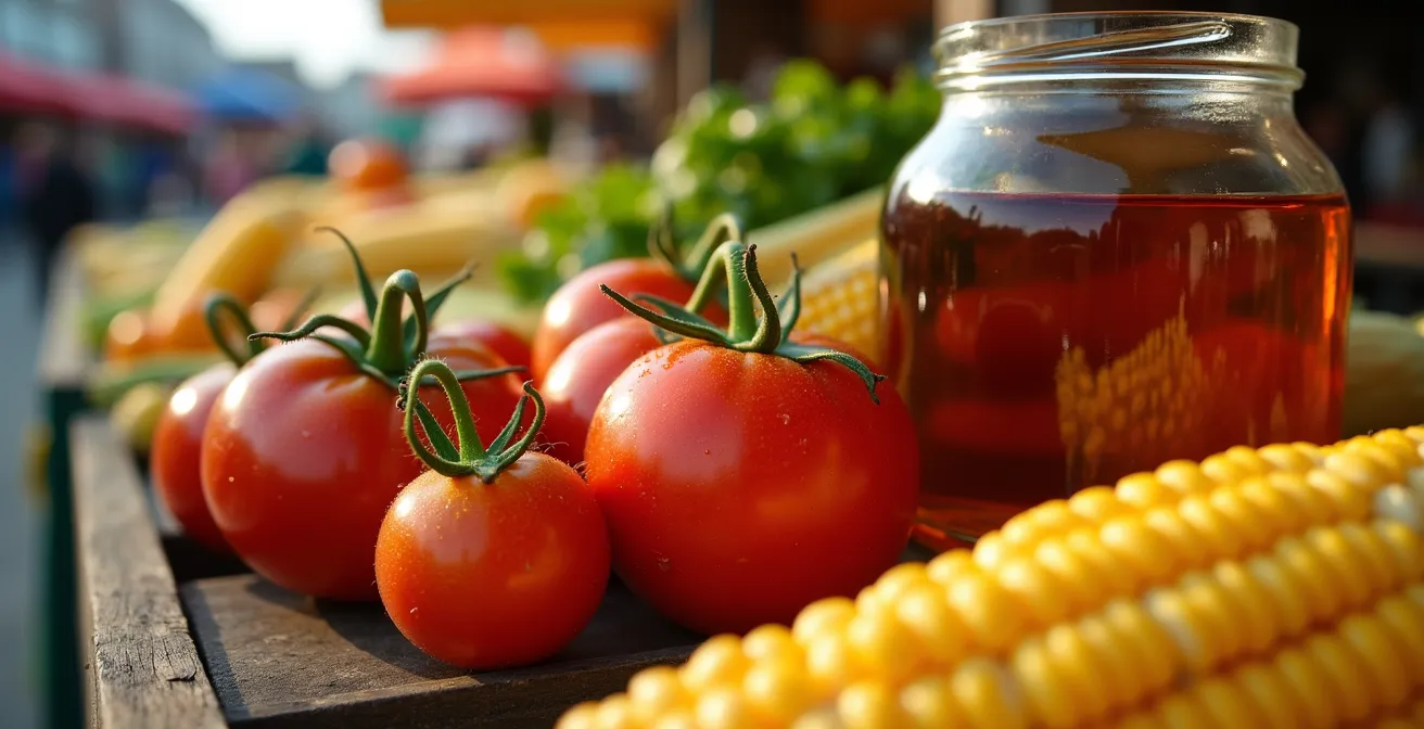 Vue aérienne colorée du marché Jean-Talon avec ses étals de fruits et légumes