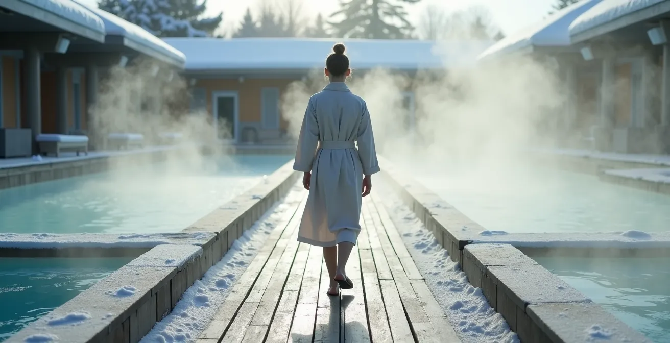 Personne marchant lentement sur une passerelle en bois givré entre deux bassins de spa avec vapeur