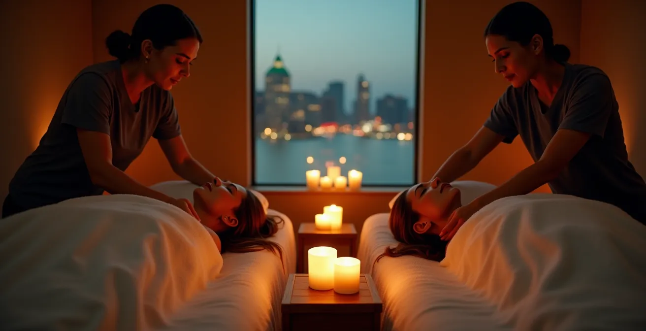 Couple recevant un massage dans une salle spa avec vue sur le fleuve Saint-Laurent