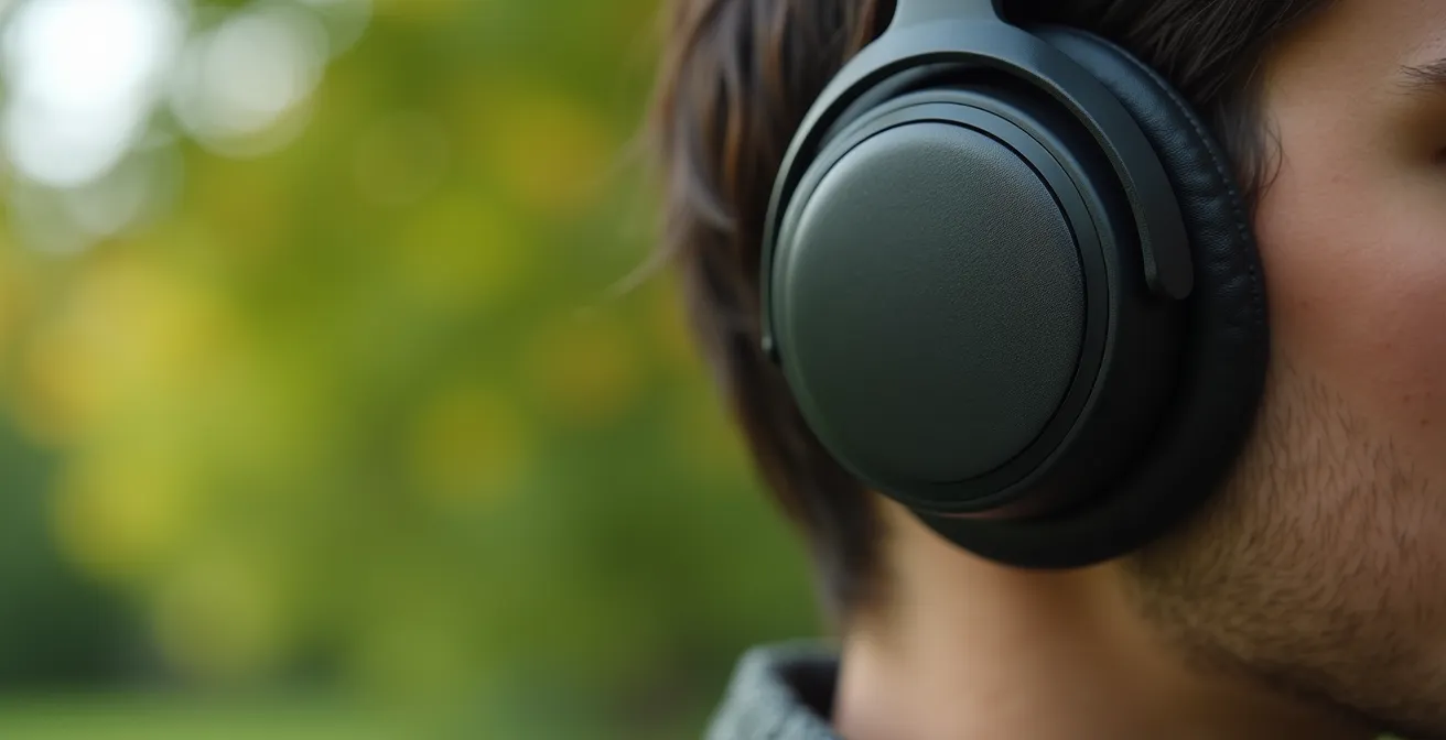 Gros plan sur une personne méditant avec écouteurs dans un parc urbain
