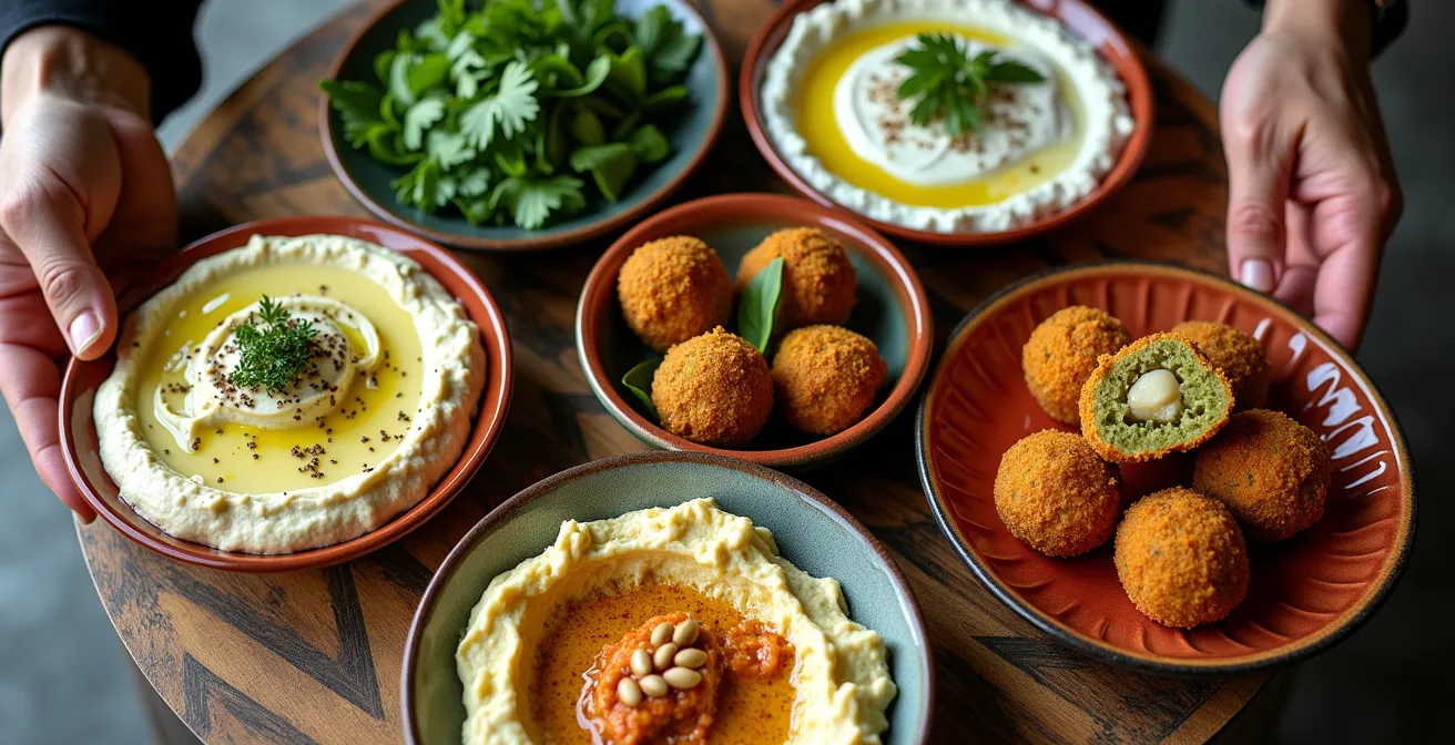 Vue aérienne d'une table de mezze syrien avec multiples petites assiettes colorées disposées en cercle