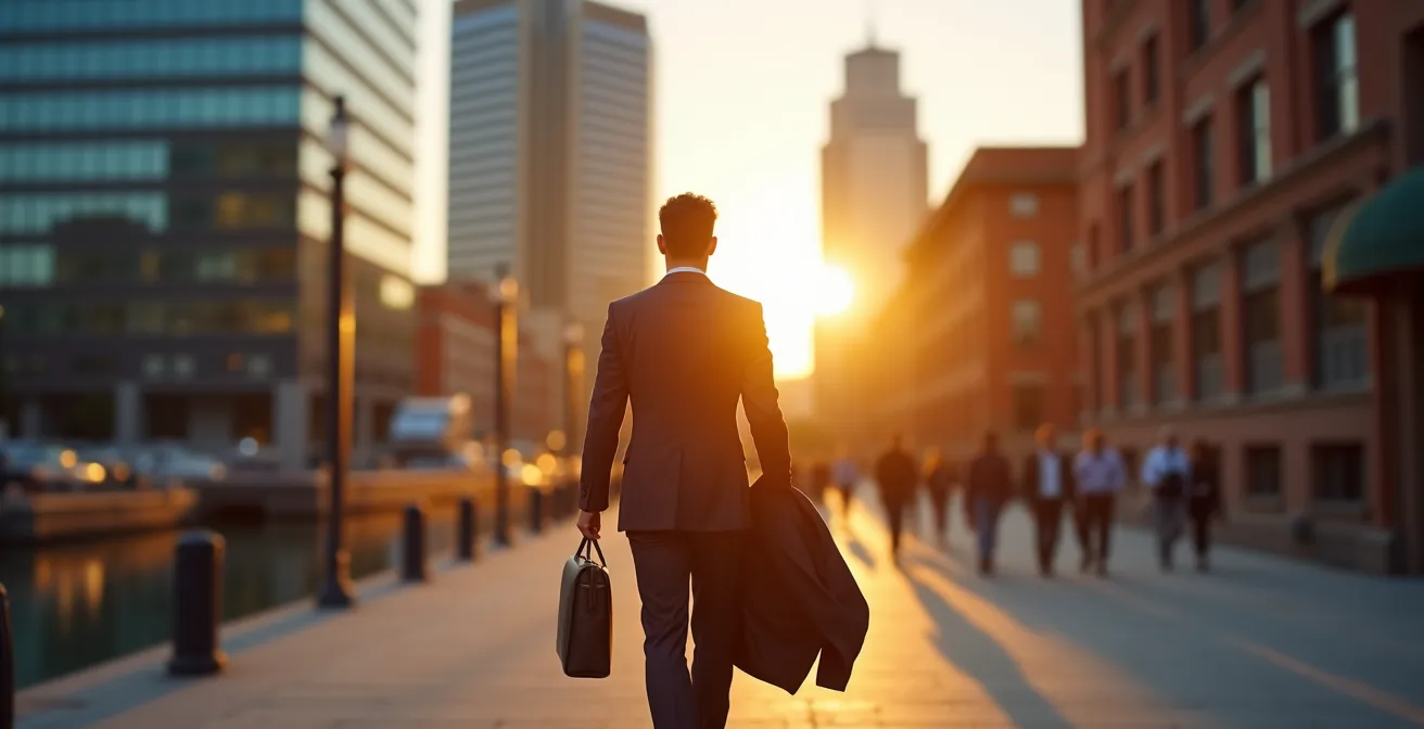 Professionnel en transition du quartier des affaires vers le Vieux-Port de Montréal au coucher du soleil