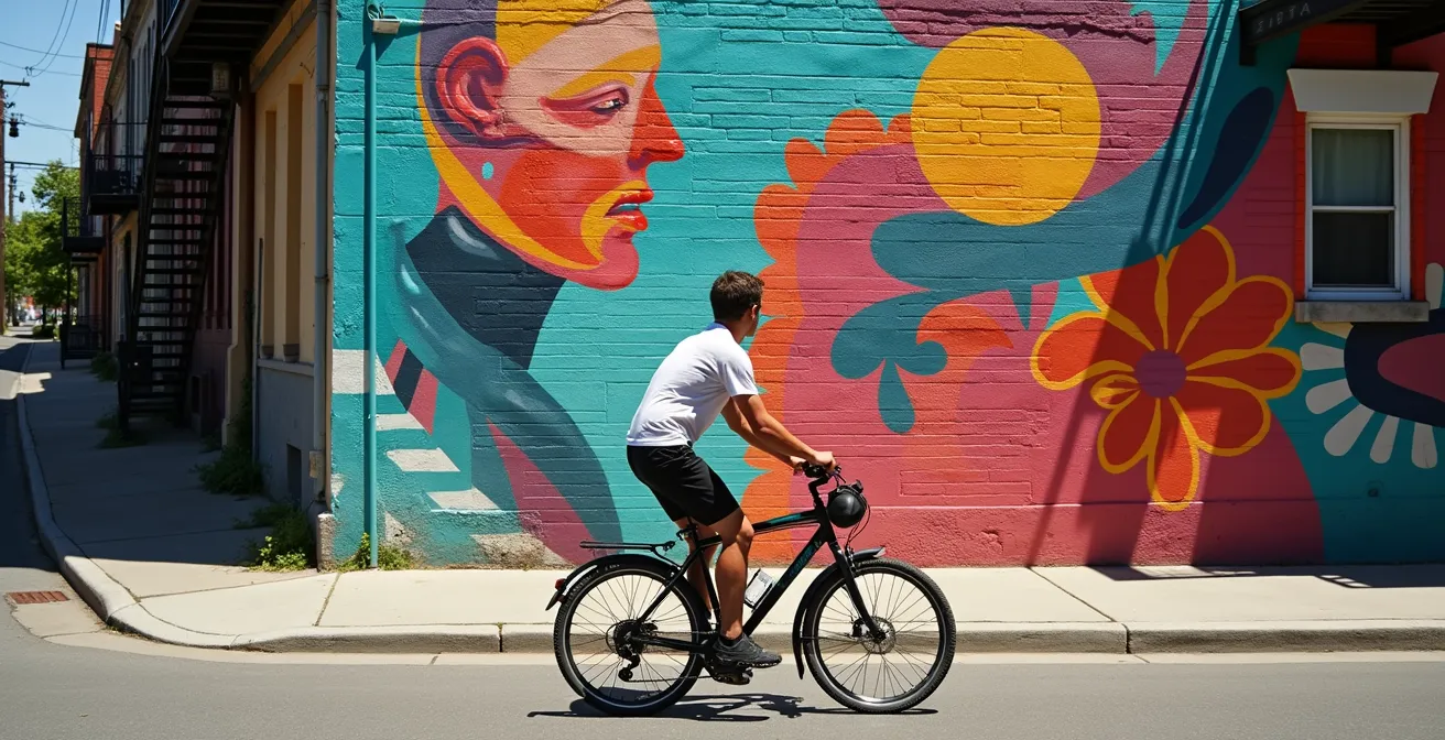 Cycliste admirant une murale colorée dans le Plateau-Mont-Royal avec son vélo stationné