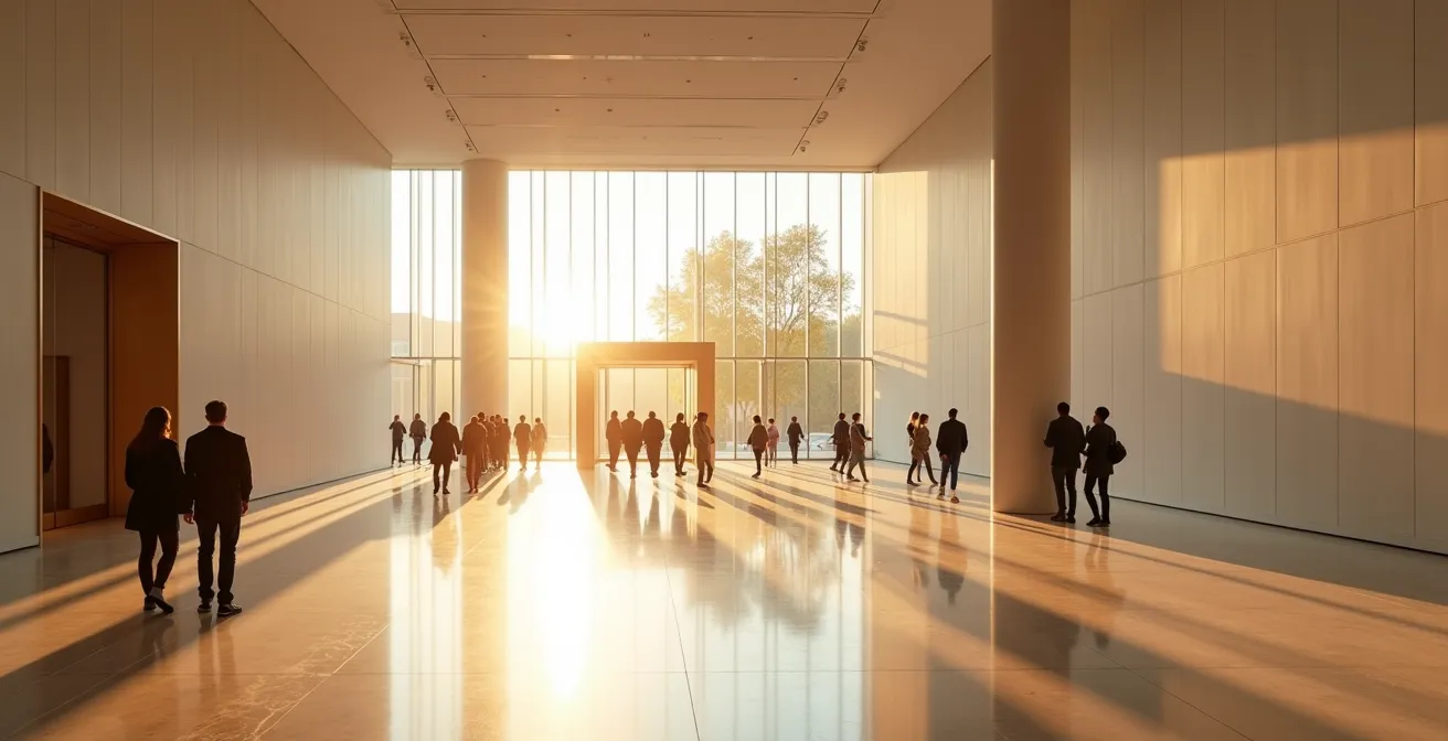 Hall d'entrée paisible d'un musée montréalais en fin d'après-midi avec lumière dorée
