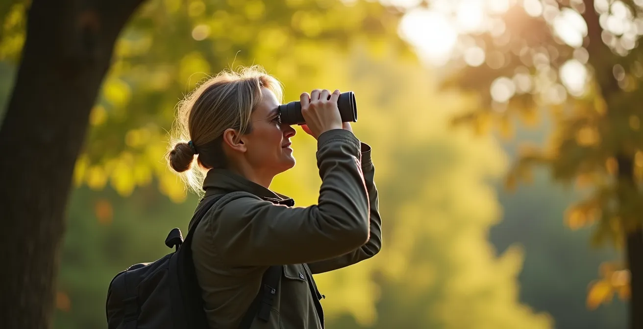 Observateur d'oiseaux avec jumelles dans un parc de Montréal regardant vers la canopée