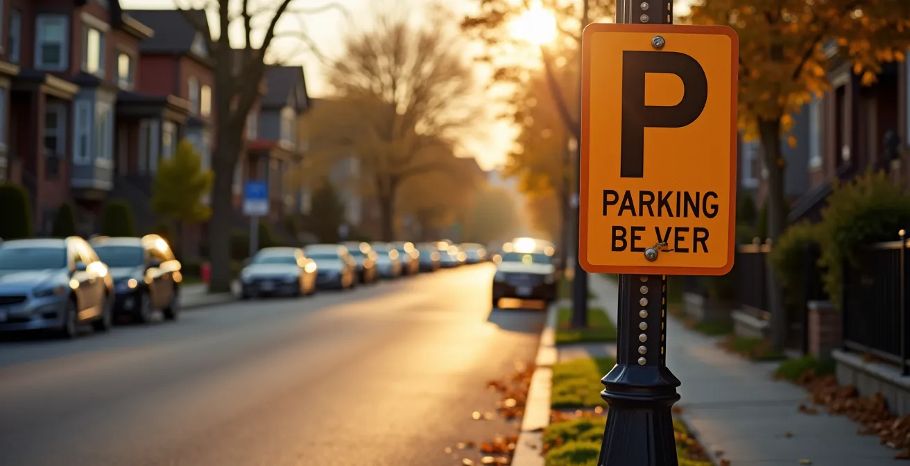 Vue d'une rue résidentielle montréalaise avec panneaux de stationnement réservé aux résidents et voitures stationnées