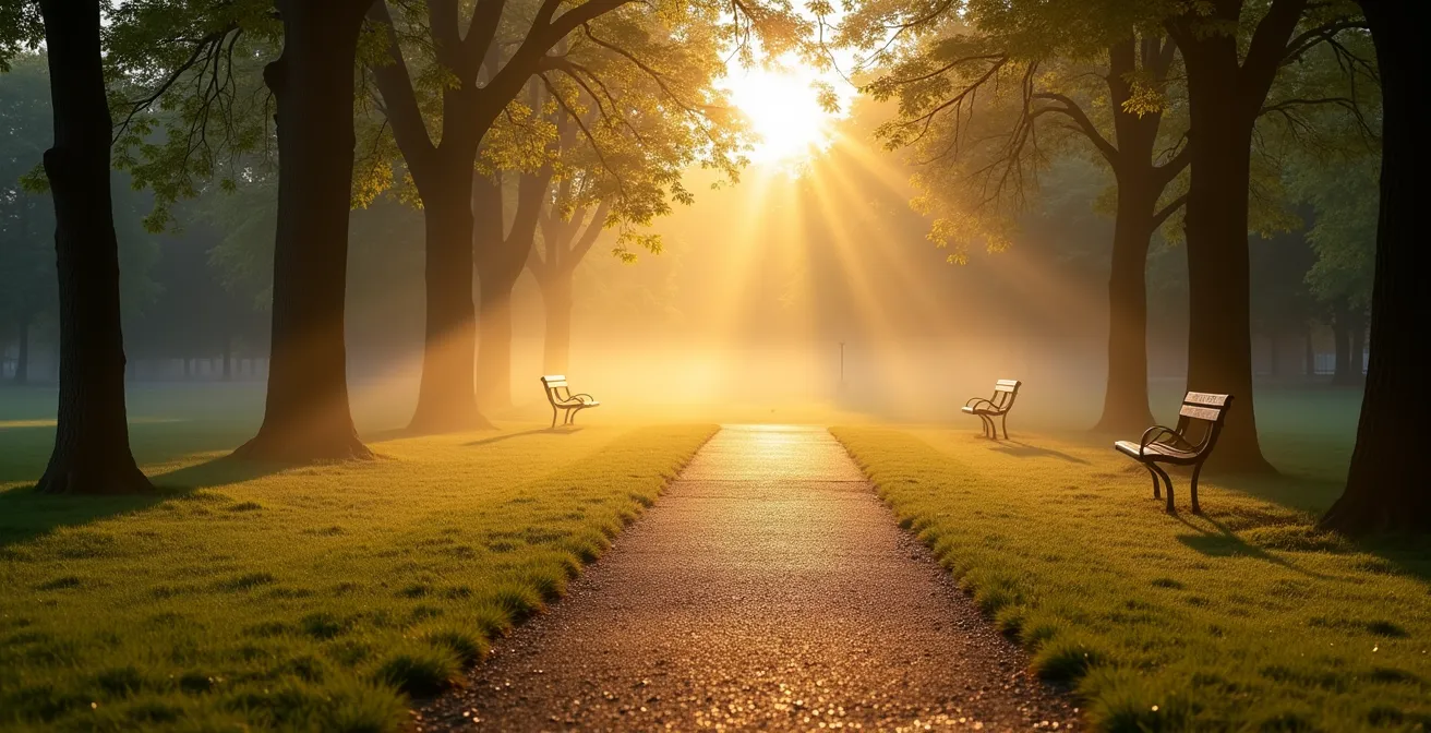 Parc montréalais baigné dans la brume matinale avec les premiers rayons du soleil