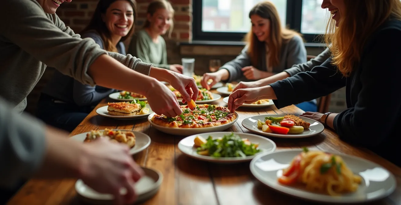 Mains partageant des plats dans une ambiance chaleureuse de bistrot montréalais
