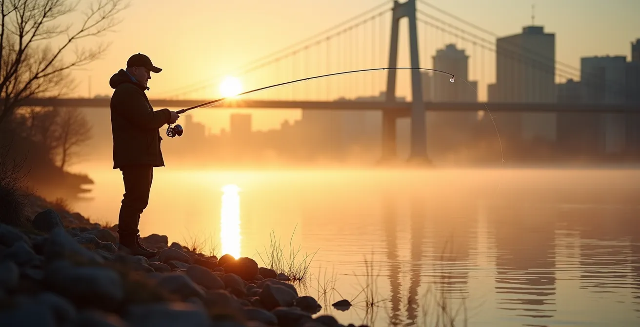 Pêcheur au lever du soleil sur les berges rocheuses du Saint-Laurent avec la silhouette du pont Jacques-Cartier en arrière-plan