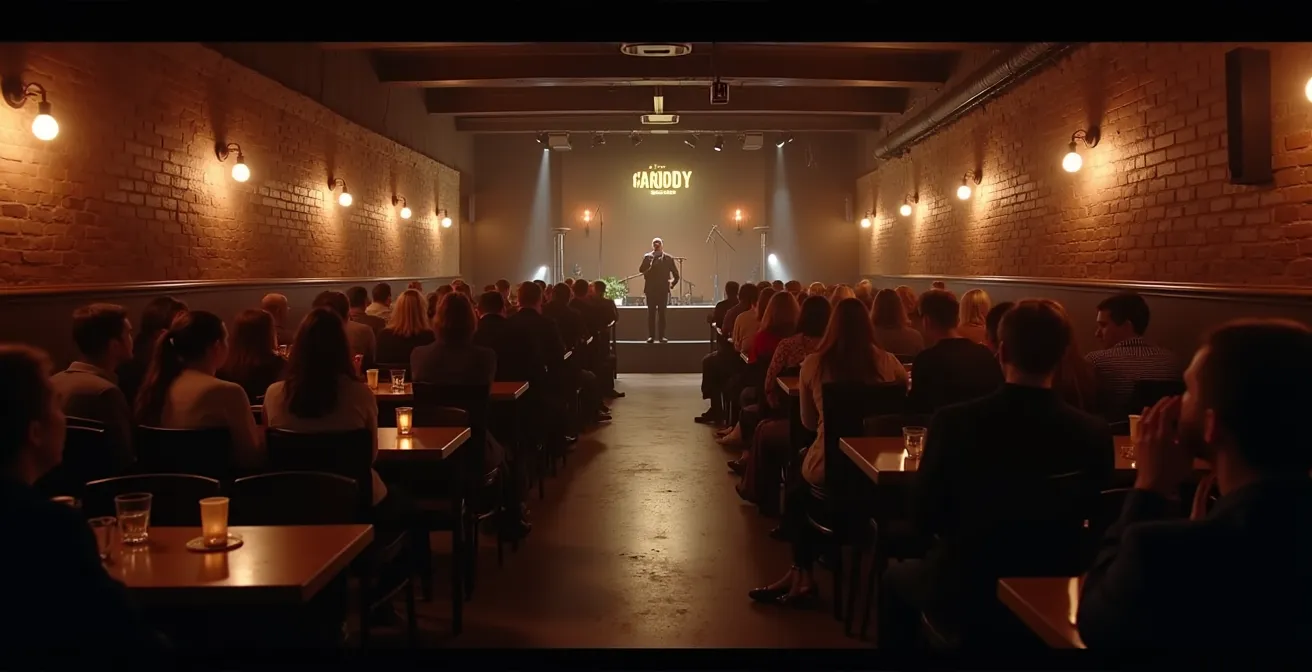 Vue intérieure d'un petit comedy club montréalais avec public proche de la scène dans une ambiance intimiste