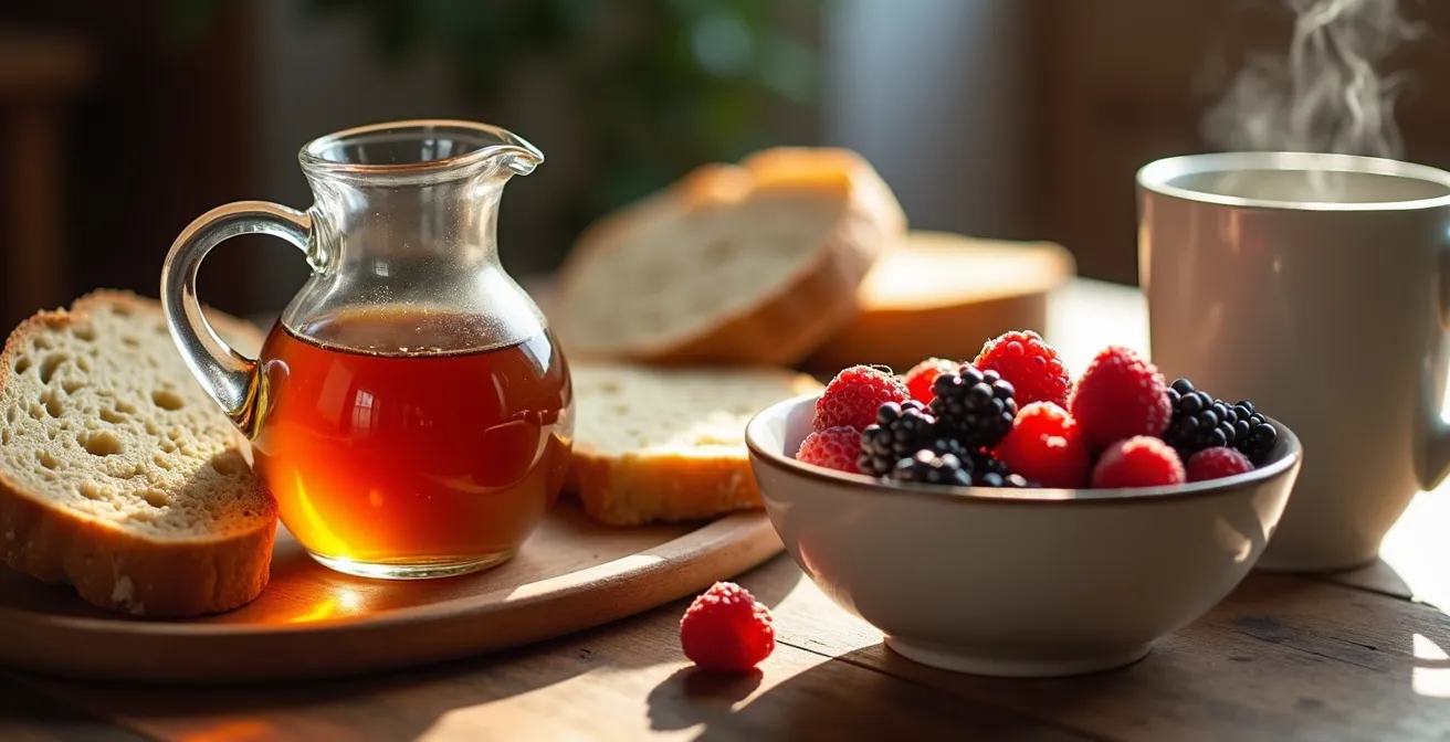 Table de petit-déjeuner avec produits locaux québécois, sirop d'érable et café artisanal