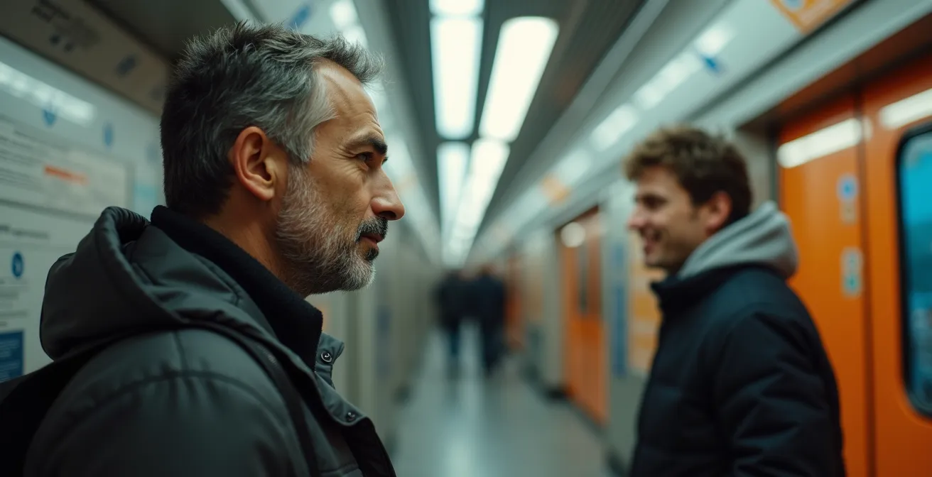 Photographe établissant un contact visuel respectueux avec un passager dans le métro de Montréal