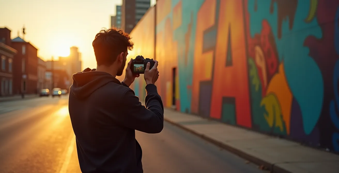 Photographe capturant une murale sur le boulevard Saint-Laurent pendant l'heure dorée, rue déserte