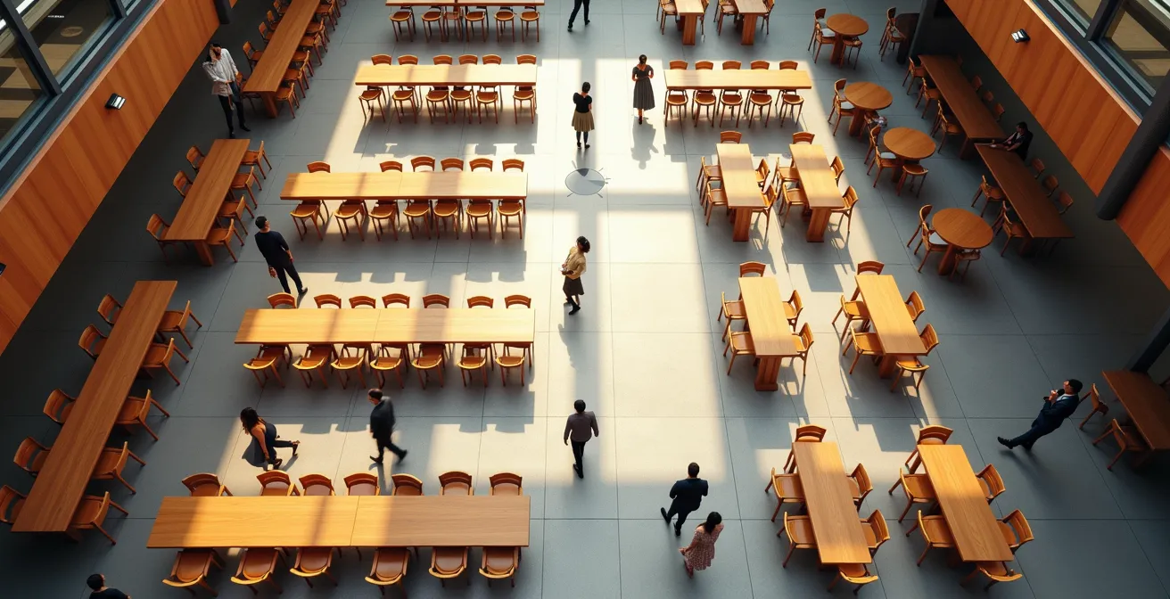 Vue aérienne stylisée des zones de tables communes dans une halle gourmande avec flux de circulation