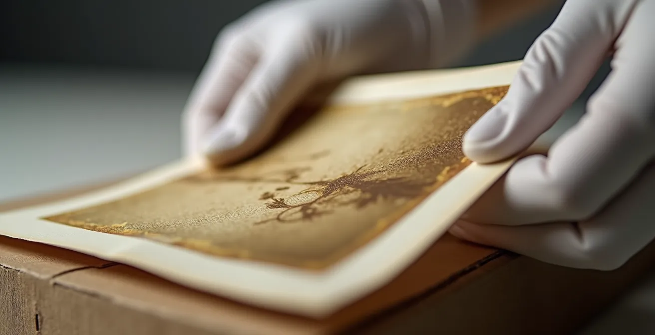 Mains avec gants blancs manipulant délicatement une photographie ancienne sur carton