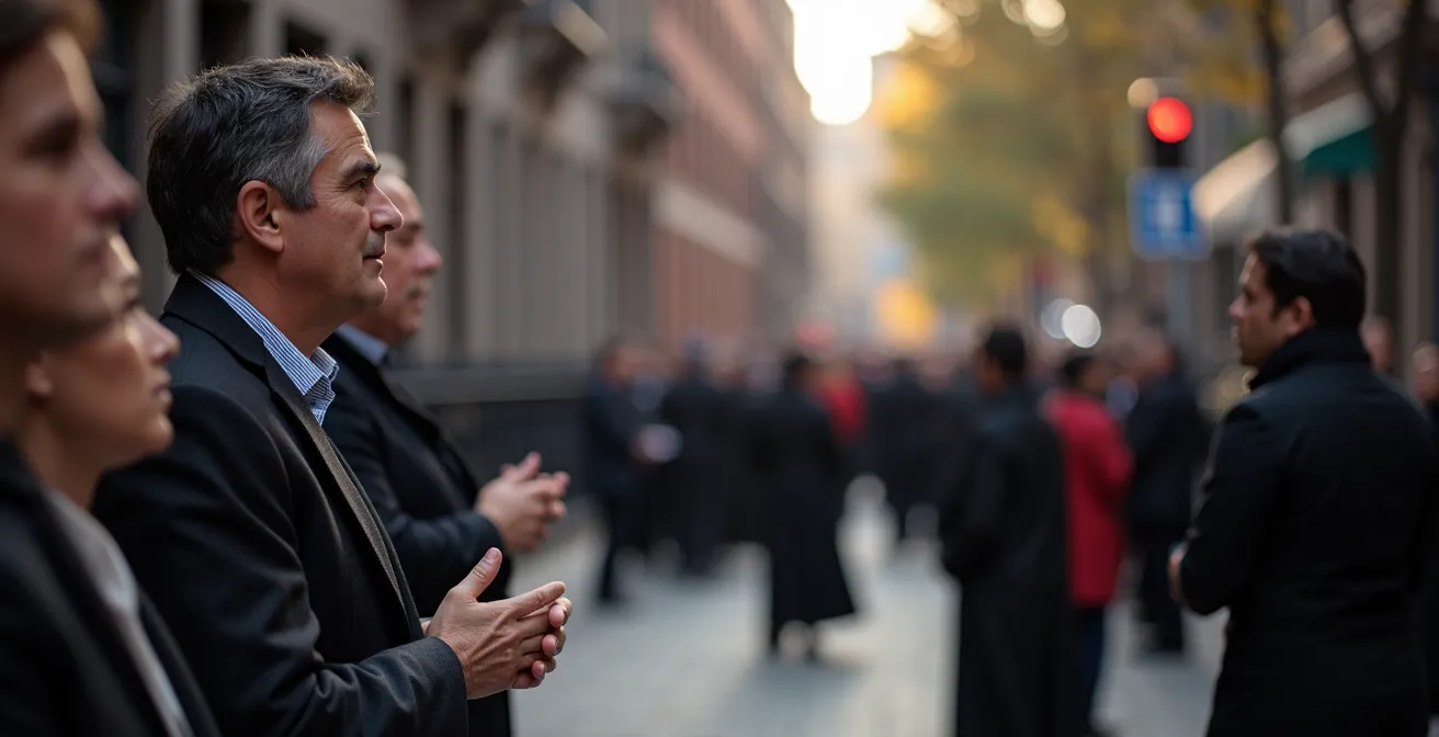Spectateurs respectueux observant une procession religieuse dans une rue de Montréal