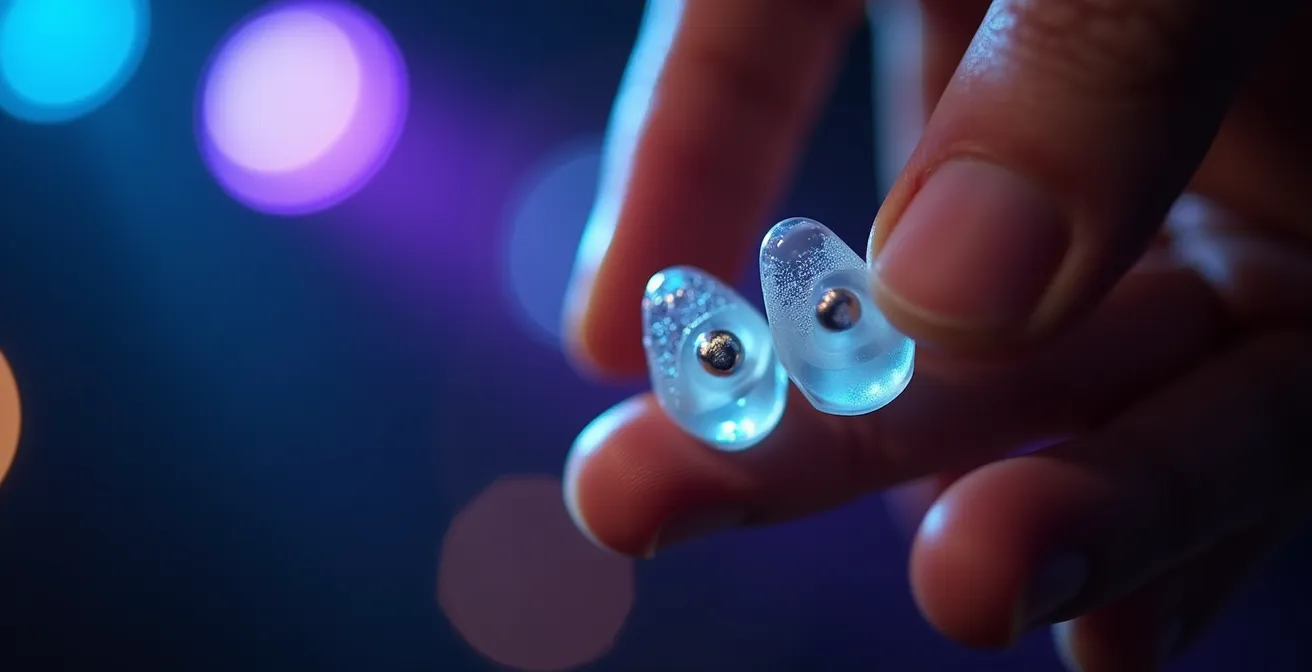 Gros plan sur des bouchons d'oreilles haute fidélité tenus dans une main avec scène de concert floue en arrière-plan