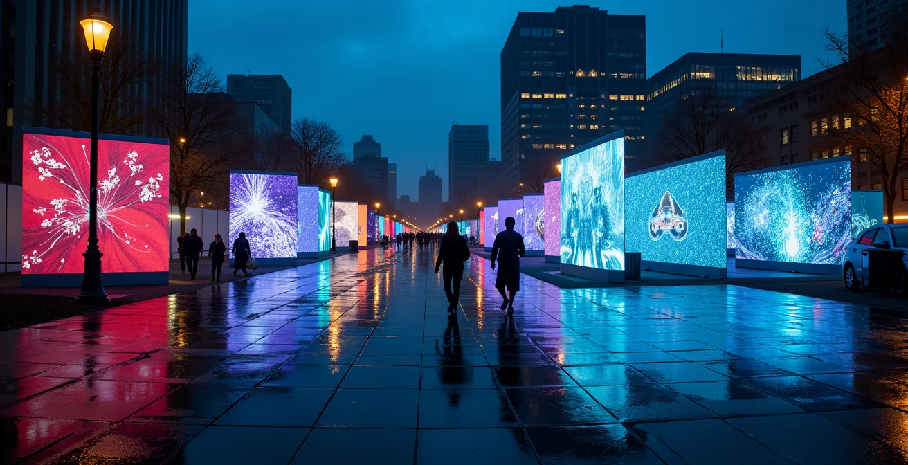 Vue nocturne du Quartier des Spectacles de Montréal avec ses installations lumineuses et peu de touristes
