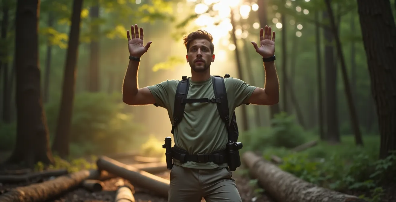 Randonneur adoptant une posture défensive dans une clairière forestière