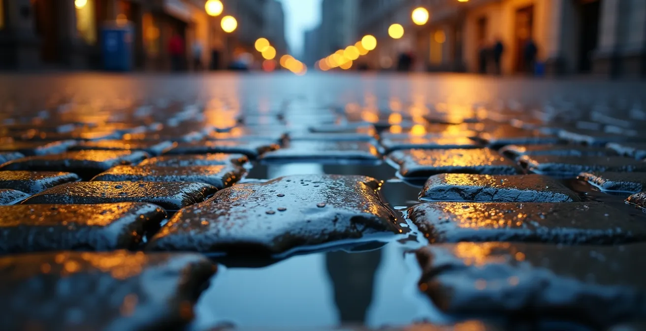 Reflets fragmentés de la Basilique Notre-Dame dans les flaques d'eau sur les pavés inégaux de la rue Saint-Paul