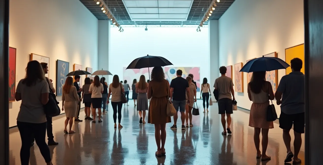 Intérieur lumineux d'un musée montréalais avec visiteurs contemplant des œuvres