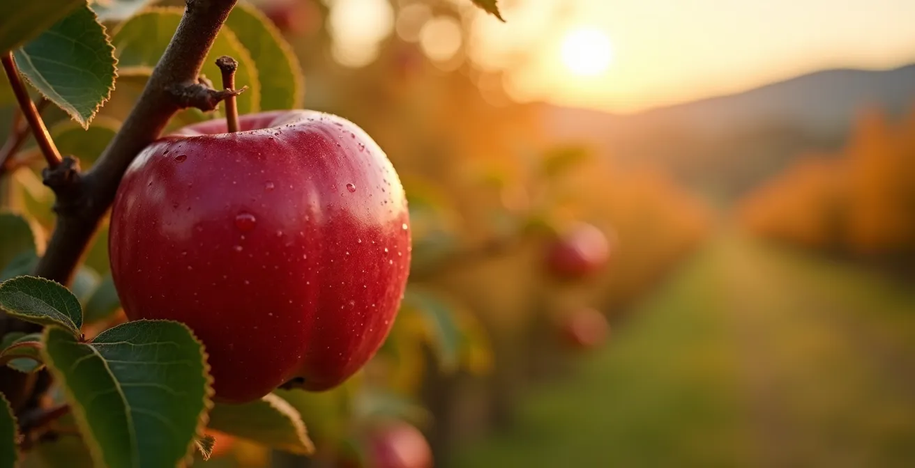 Verger de pommiers en automne avec montagnes au loin en Montérégie