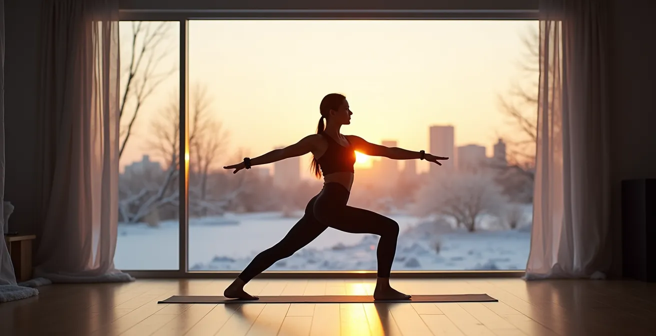 Personne faisant du yoga matinal face à une fenêtre avec vue sur Montréal enneigé et lampe de luminothérapie