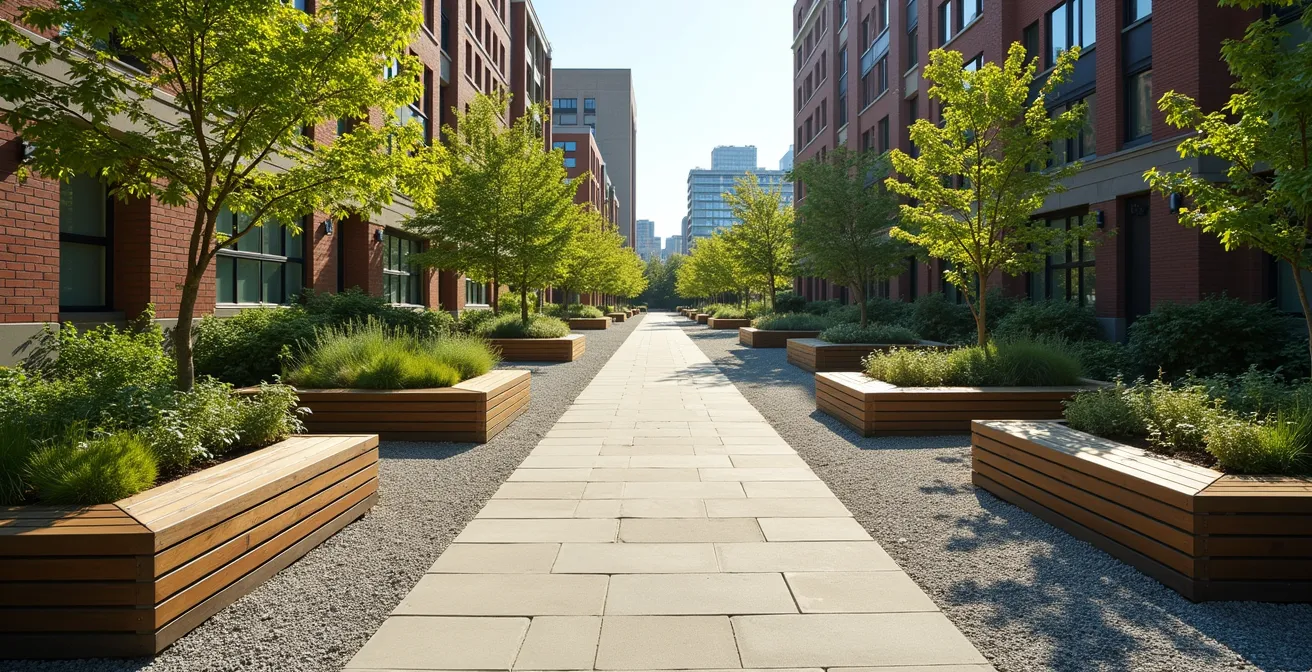 Vue d'ensemble d'une ruelle verte montréalaise montrant l'équilibre entre espaces privés et publics