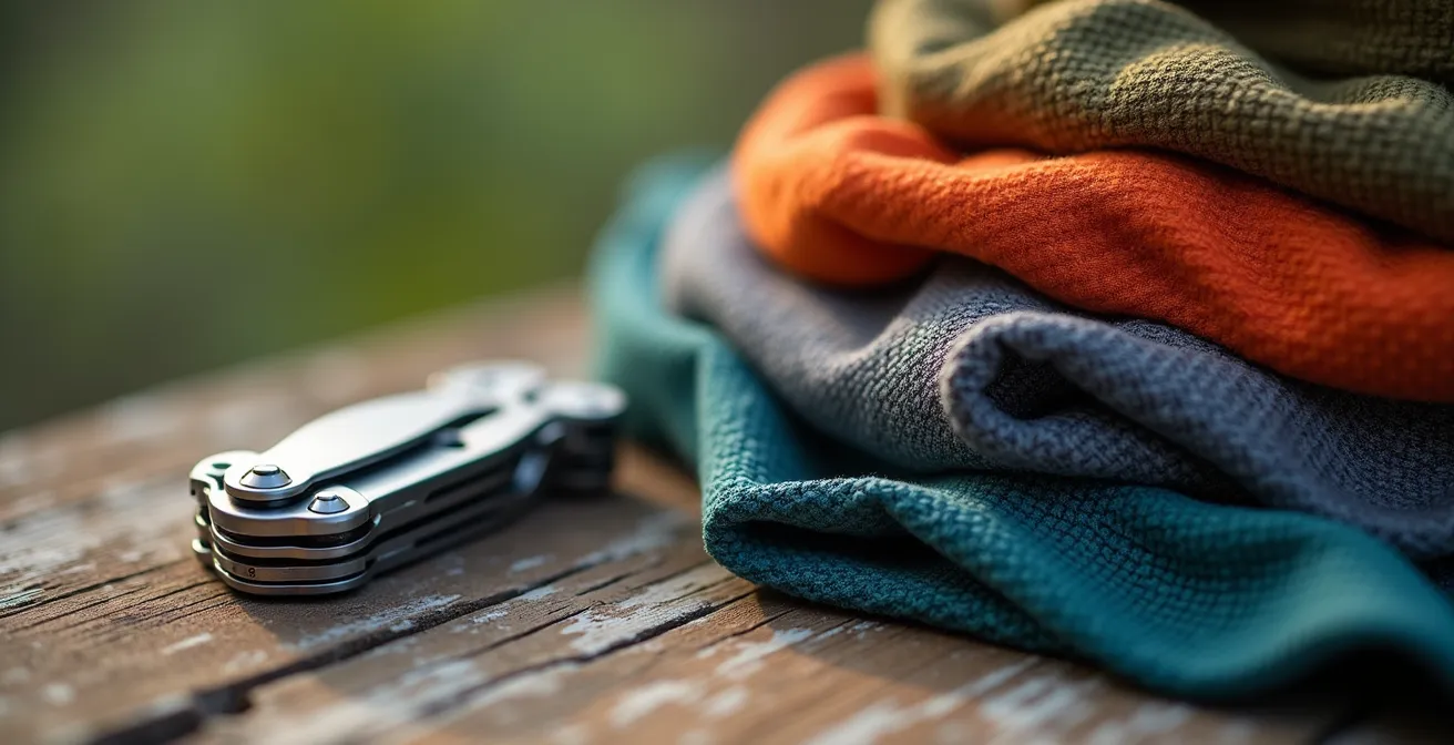 Vue macro d'équipements de randonnée multi-usages disposés sur surface naturelle