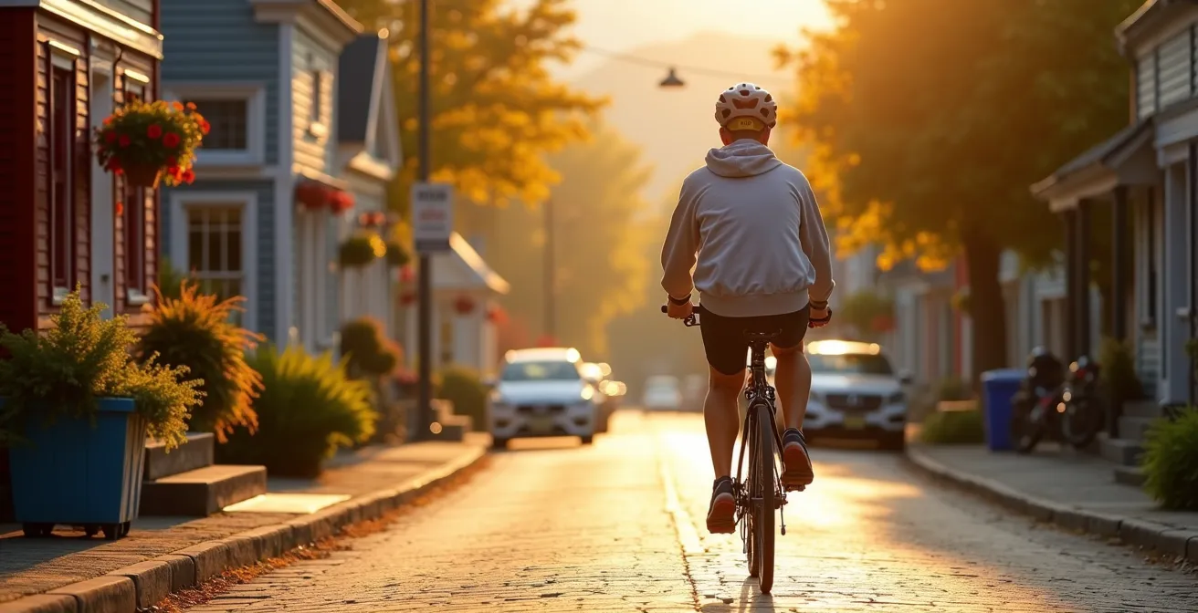 Rue principale de Saint-Sauveur au petit matin avec lumière dorée
