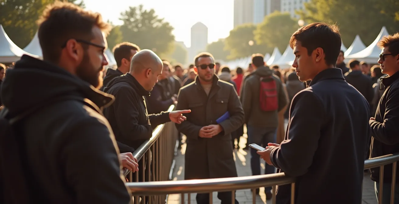 File d'attente organisée à l'entrée du festival avec agents de sécurité