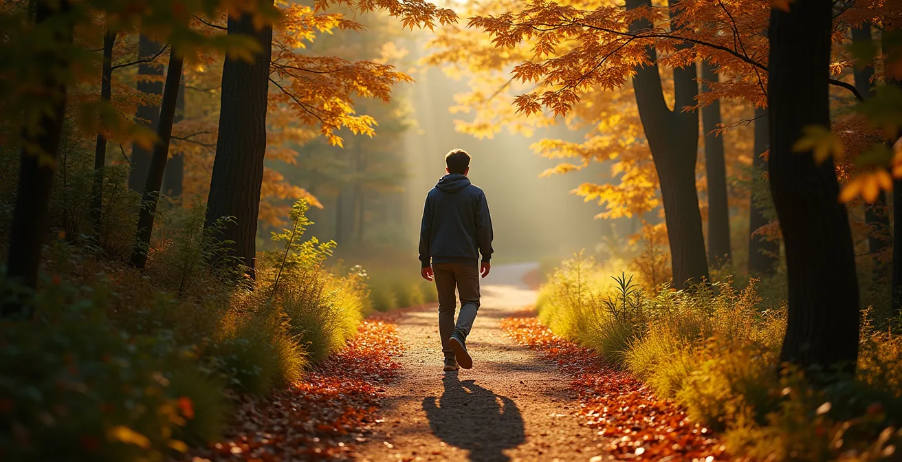 Sentier paisible traversant la forêt du Mont-Royal avec lumière filtrée à travers les arbres