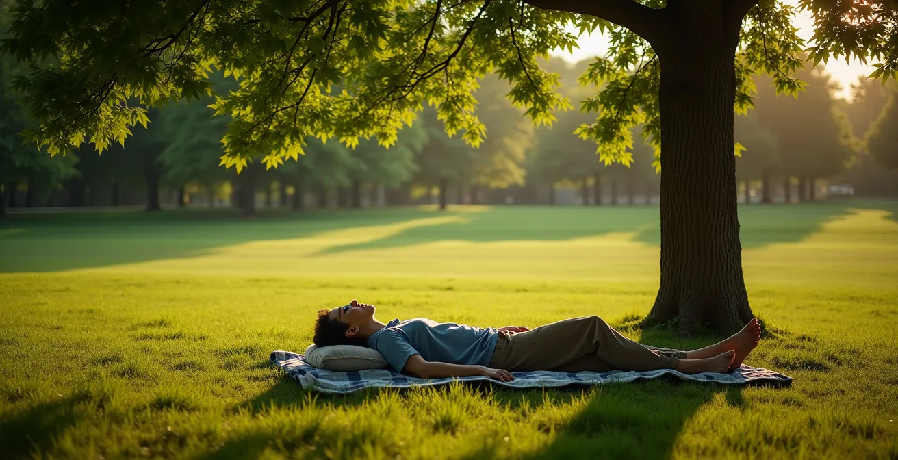 Vue aérienne d'une personne faisant la sieste sous un arbre dans un parc paisible