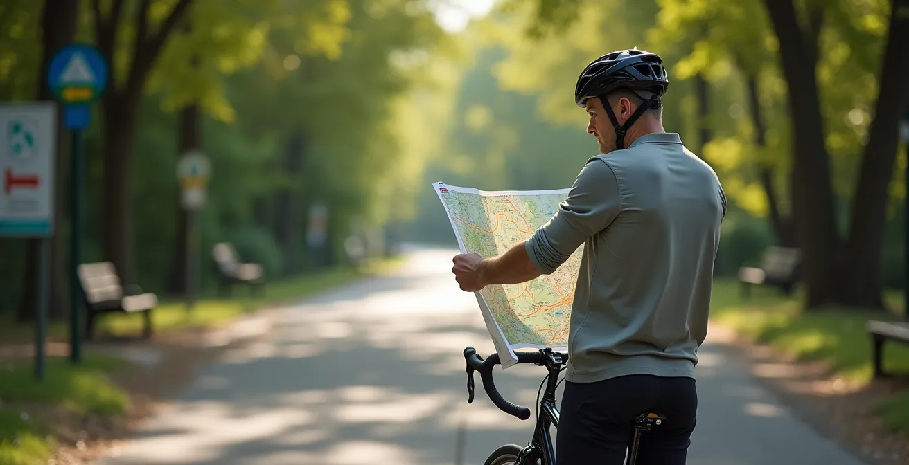 Cycliste étudiant une carte à un carrefour de pistes cyclables avec panneaux directionnels flous en arrière-plan
