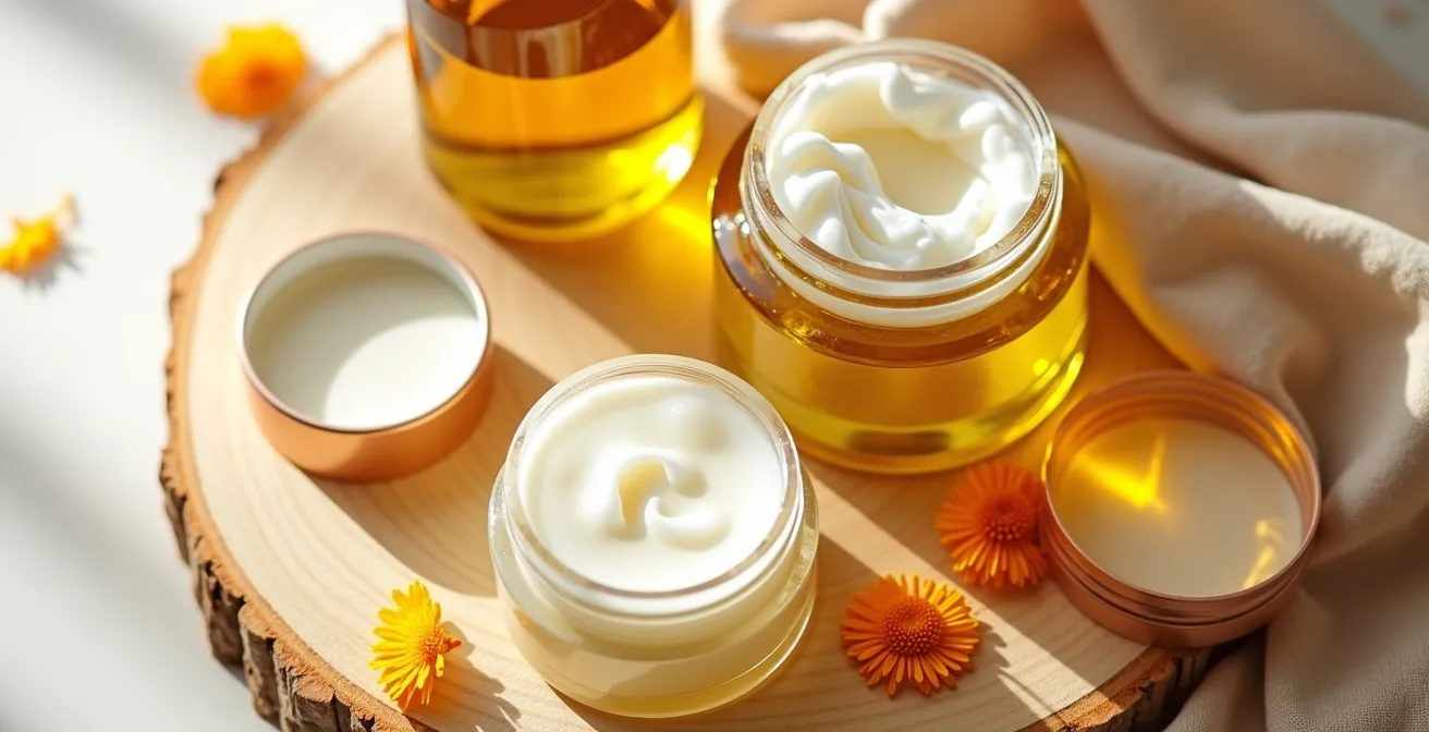 Arrangement de produits de soins naturels québécois avec textures de beurre de karité et huiles végétales