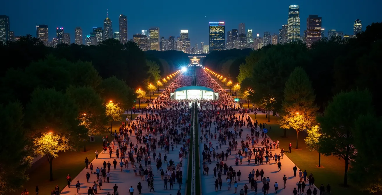 Foule sortant d'un festival la nuit près d'une station de métro éclairée