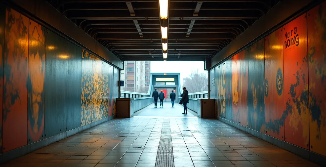 Intérieur d'une station de métro de Montréal avec ses œuvres d'art intégrées, lumière naturelle filtrant depuis l'entrée