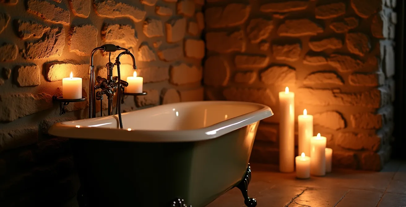 Suite romantique dans un boutique-hôtel avec murs en pierre grise de Montréal et éclairage aux chandelles