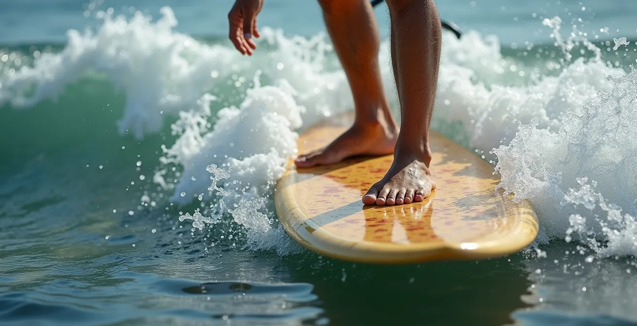 Gros plan sur les pieds d'un surfeur sur une planche avec l'eau de la rivière en mouvement