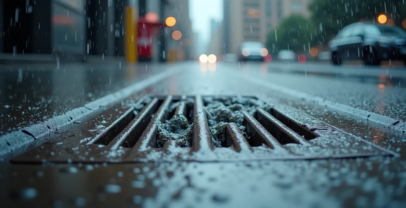 Vue en coupe schématique d'un système d'égouts urbain lors d'une forte pluie montrant le débordement vers le fleuve
