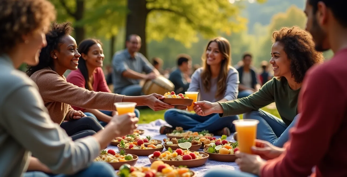 Rassemblement festif aux Tam-Tams du Mont-Royal avec percussions et pique-nique communautaire sous les arbres